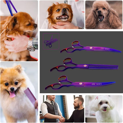 Professional PET DOG Grooming Coated Titanium Scissors Suit Cutting&Curved&Thinning Shears (8.0 Inches, Purple)…