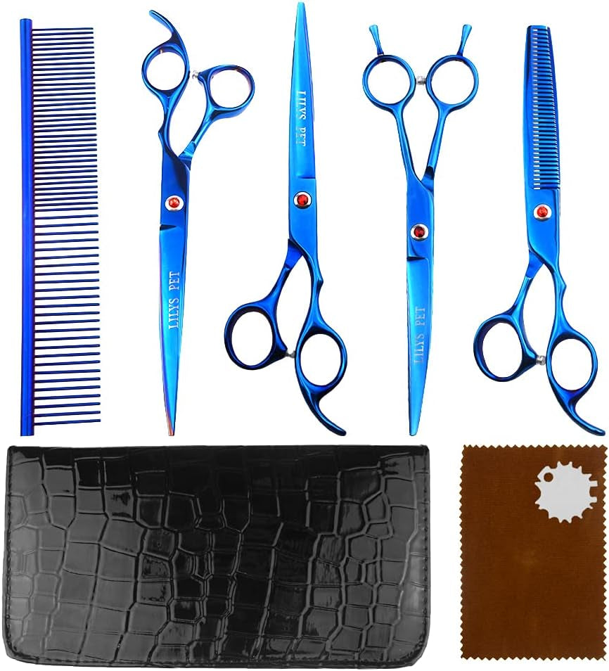 Professional PET DOG Grooming Coated Titanium Scissors Suit Cutting&Curved&Thinning Shears (7.0 Inches, Blue)…