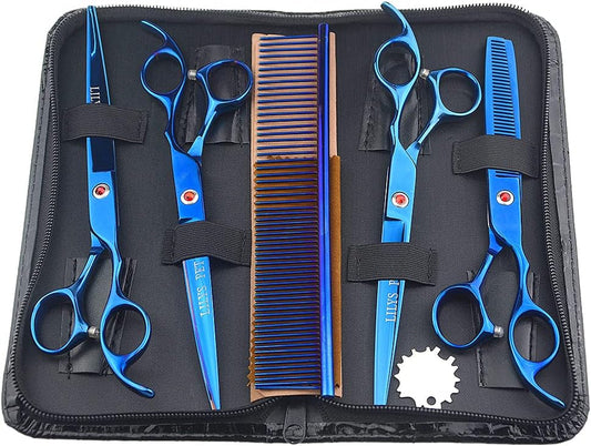 Professional PET DOG Grooming Coated Titanium Scissors Suit Cutting&Curved&Thinning Shears (7.0 Inches, Blue)…