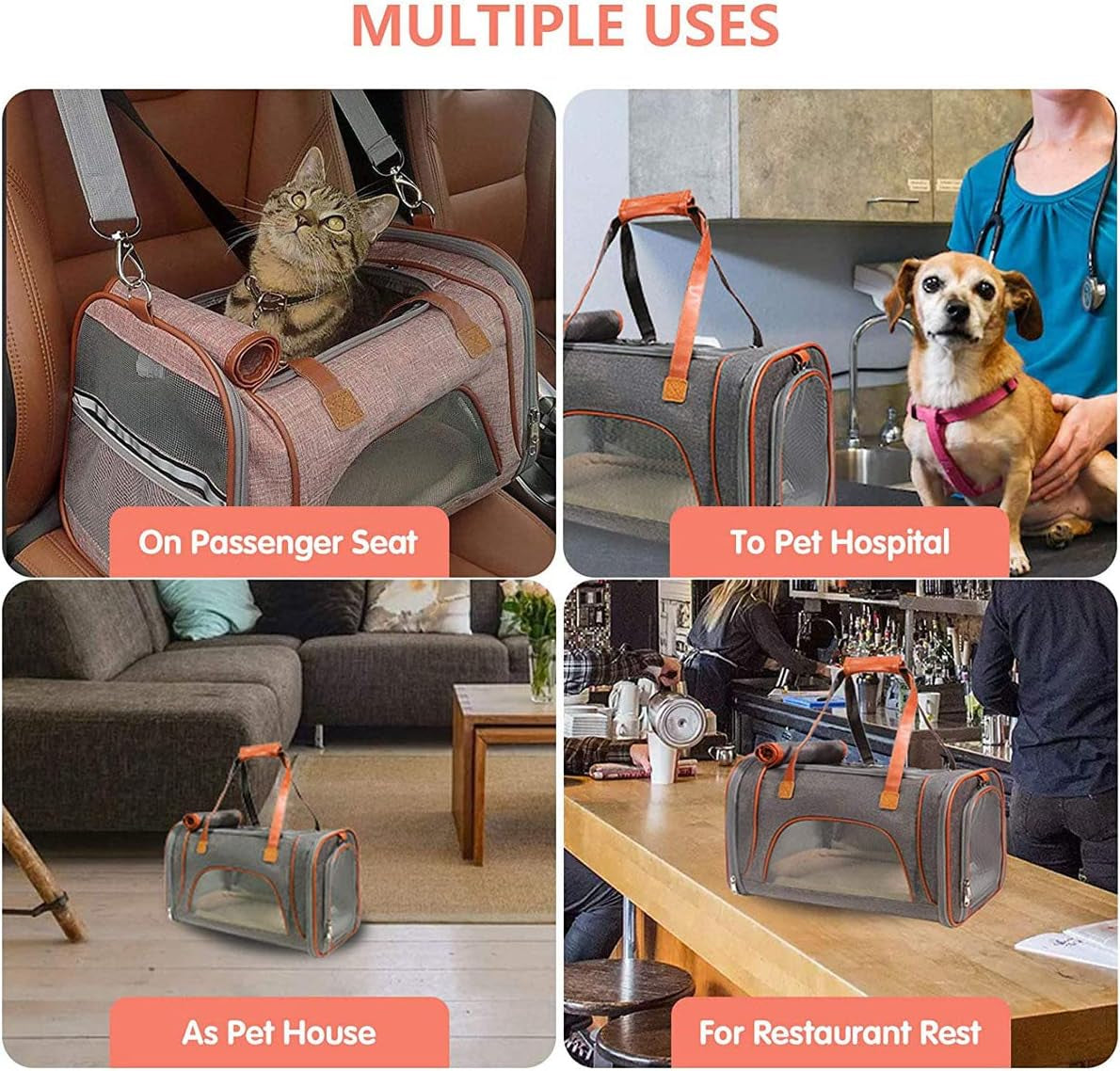 Pet Carrier Bag Portable Cat Dog Travel Carrier Bag, Collapsible Comfortable Breathable Dog Carrier Handbag, Pet Cage with Locking Safety Zippers for Outgoing Travel Hiking (Light Grey)