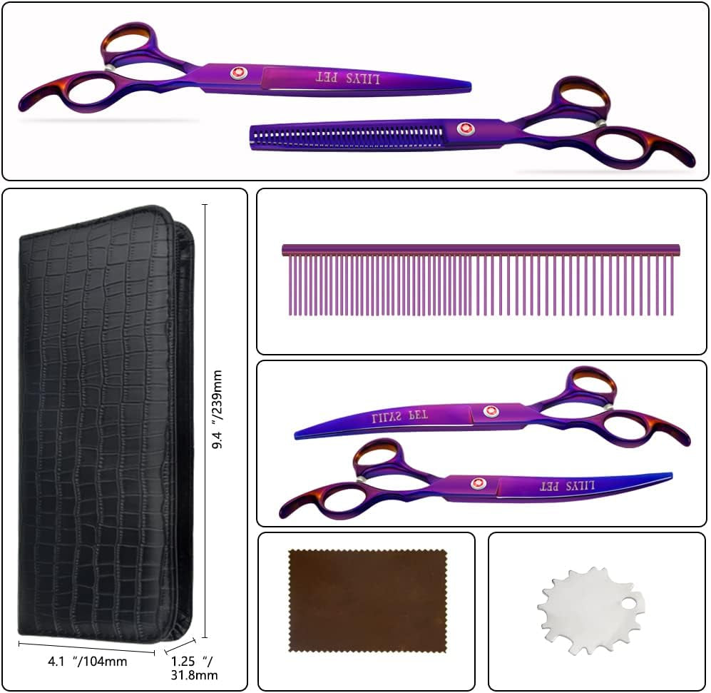 Professional PET DOG Grooming Coated Titanium Scissors Suit Cutting&Curved&Thinning Shears (8.0 Inches, Purple)…