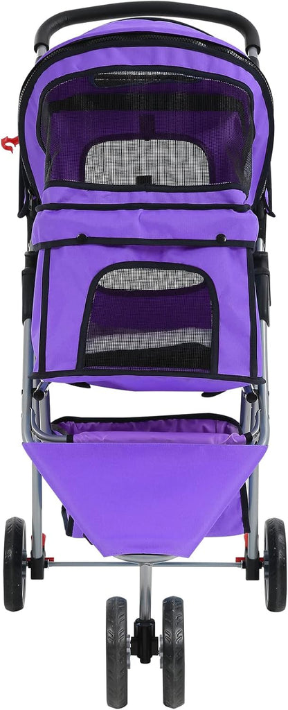 Pet Stroller Jogger Cat Dog Cage 3 Wheels Stroller Travel Folding Carrier Strolling Cart with Cup Holders and Removable Liner 35Lbs Capacity Large Doggie Stroller for Small-Medium Dogs, Cats - Purple
