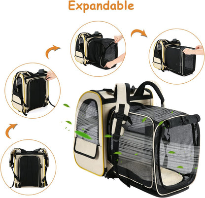 Cat Backpack Carrier, Expandable Pet Carrier Backpack for Small Cats Dogs, Dog Carrier Backpack with Breathable Mesh for Travel Hiking Camping, Hold Pets under 18 Lbs, Khaki