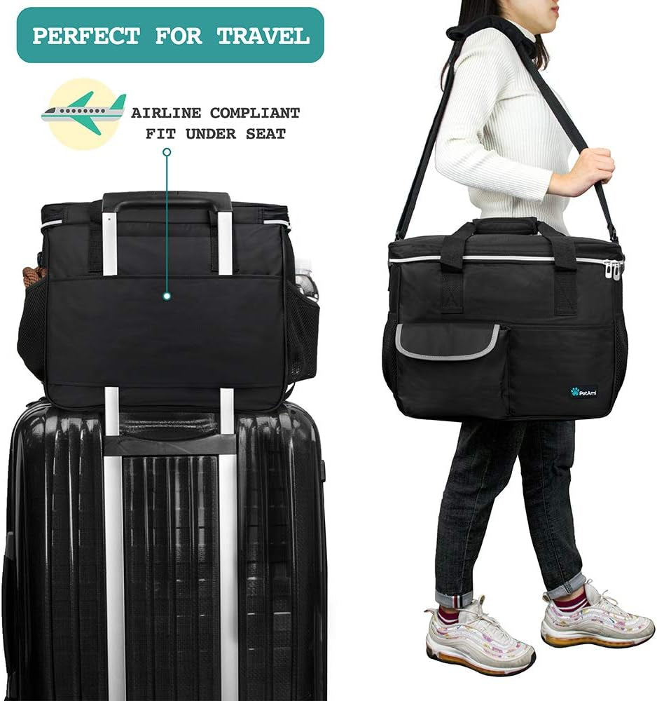 Dog Travel Bag, Travel Pet Bag Organizer, Dog Food Travel Bag with Food Container and Bowls, Dog Travel Supplies Gift Accessories for Weekend Camping, Dog Cat Diaper Bag (Black, Medium)