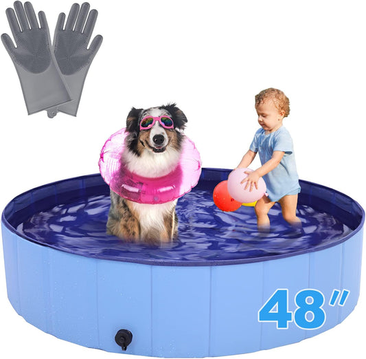 Dog Swimming Pool,  48" Pet Pools for Dogs, Slip-Resistant Kiddie Pool, Foldable PVC Dog Pet Swimming Pool for Kid Baby Pet with Pet Gloves