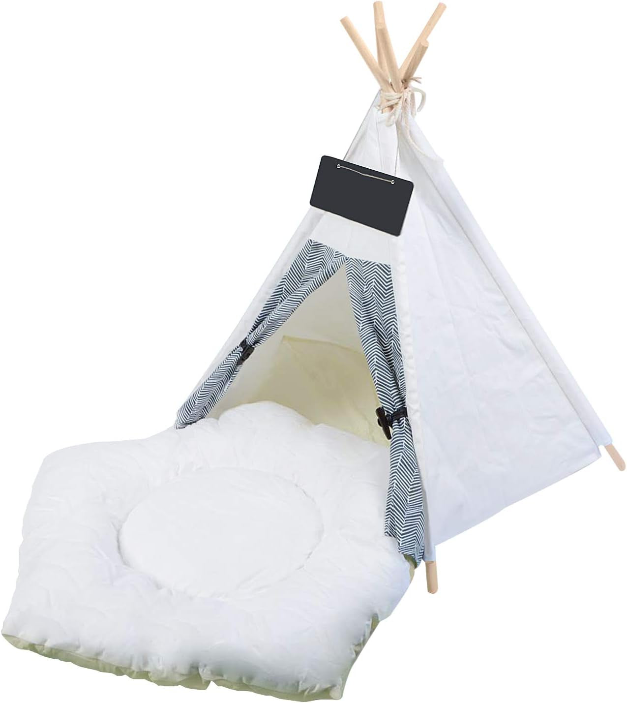 Pet Teepee Tents, Dog & Cat Bed Portable Dog Tents & Pet Houses for Small Dog or Cat with Thick Cushion & Blackboard, White & Stripes