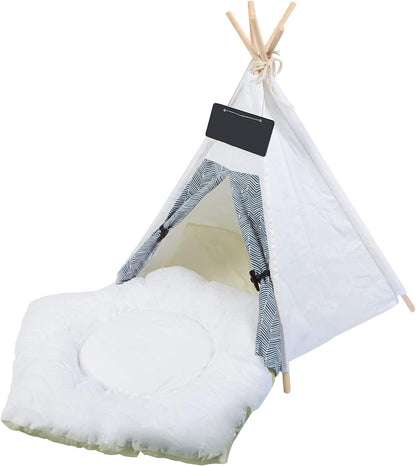 Pet Teepee Tents, Dog & Cat Bed Portable Dog Tents & Pet Houses for Small Dog or Cat with Thick Cushion & Blackboard, White & Stripes