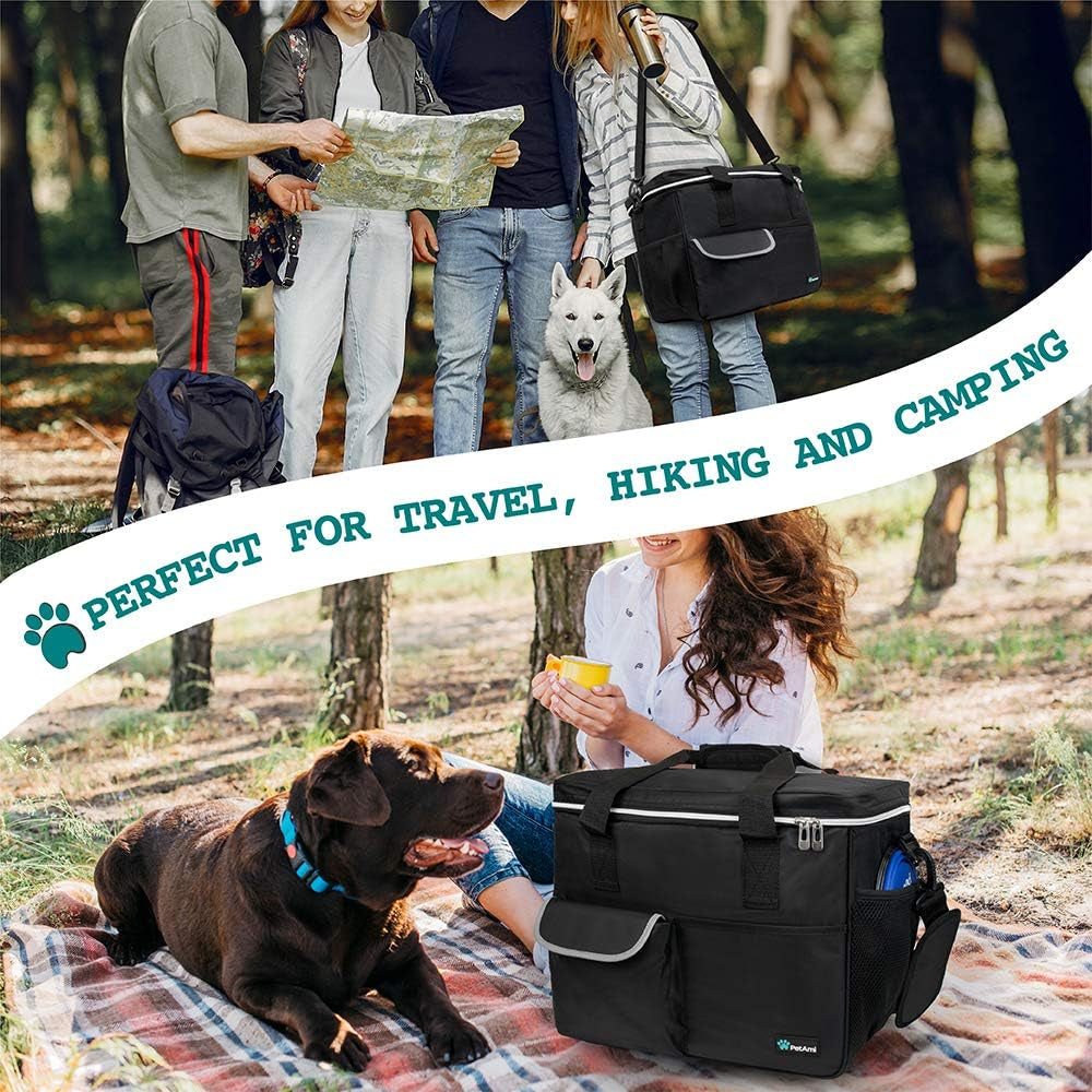 Dog Travel Bag, Travel Pet Bag Organizer, Dog Food Travel Bag with Food Container and Bowls, Dog Travel Supplies Gift Accessories for Weekend Camping, Dog Cat Diaper Bag (Black, Medium)