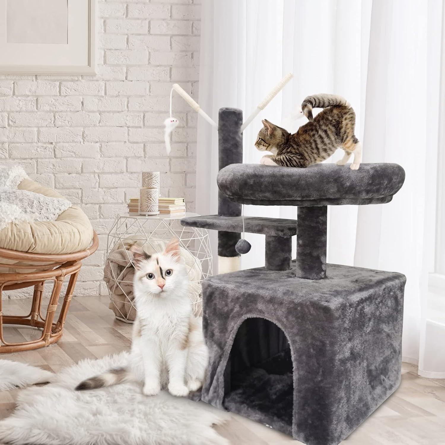 Cat Tree with Scratching Post, Cat Condo Cave, Multifunction Cat Tower, Top Perch, Kitten Plush Toys, Cat Activity Center,Grey