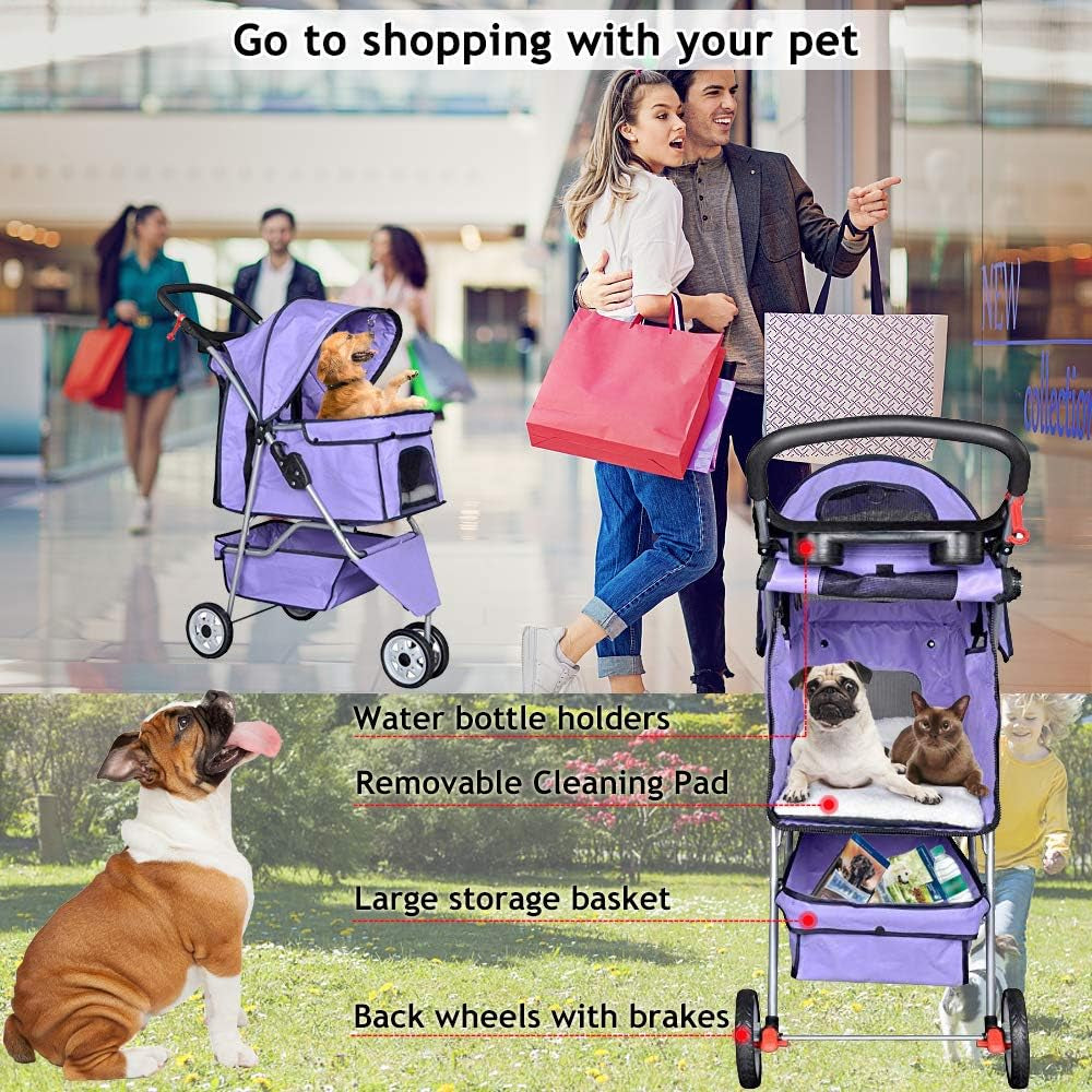 Pet Stroller Jogger Cat Dog Cage 3 Wheels Stroller Travel Folding Carrier Strolling Cart with Cup Holders and Removable Liner 35Lbs Capacity Large Doggie Stroller for Small-Medium Dogs, Cats - Purple
