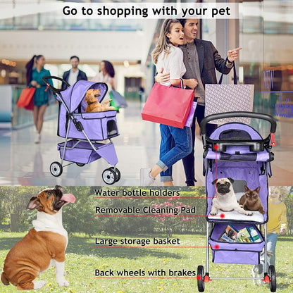 Pet Stroller Jogger Cat Dog Cage 3 Wheels Stroller Travel Folding Carrier Strolling Cart with Cup Holders and Removable Liner 35Lbs Capacity Large Doggie Stroller for Small-Medium Dogs, Cats - Purple