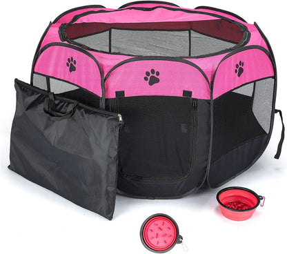 Soft Portable Foldable Pet Tent 8-Panel Mesh House Pet Playpen Kennel Denier Puppy Pen Oxford Cloth for Dog Cat Rabbit with Storage Bag and Slow Food Bowl (35.8"X35.8"X22.8", Rose)