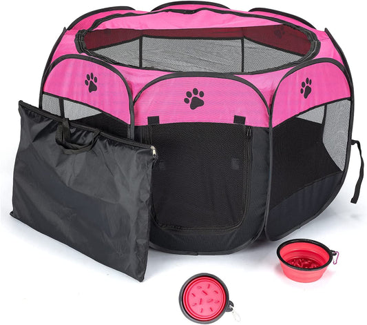 Soft Portable Foldable Pet Tent 8-Panel Mesh House Pet Playpen Kennel Denier Puppy Pen Oxford Cloth for Dog Cat Rabbit with Storage Bag and Slow Food Bowl (35.8"X35.8"X22.8", Rose)