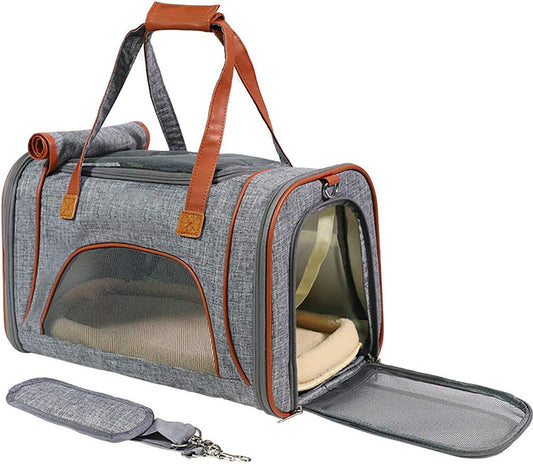 Pet Carrier Bag Portable Cat Dog Travel Carrier Bag, Collapsible Comfortable Breathable Dog Carrier Handbag, Pet Cage with Locking Safety Zippers for Outgoing Travel Hiking (Light Grey)
