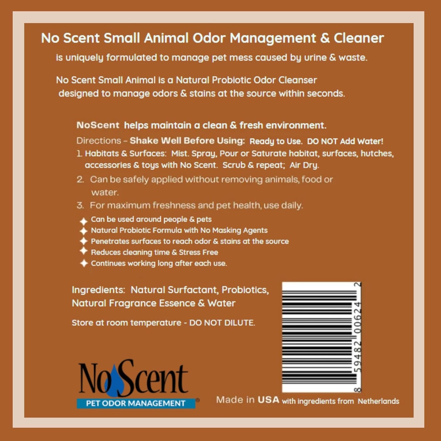 No Scent Small Animal Guinea Pig Cage Cleaner | Hamster & Rabbit Habitat Pet Odor Spray (2 Fl Oz / 59 Ml) Pack of 2