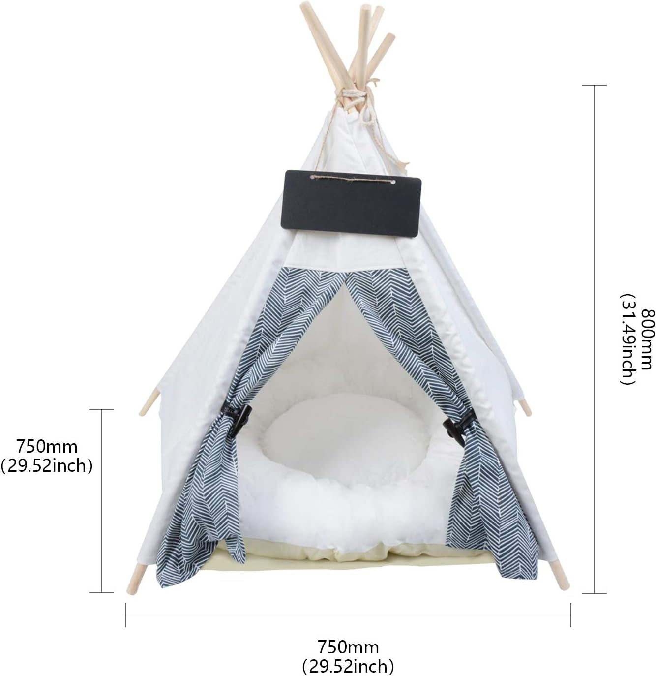 Pet Teepee Tents, Dog & Cat Bed Portable Dog Tents & Pet Houses for Small Dog or Cat with Thick Cushion & Blackboard, White & Stripes