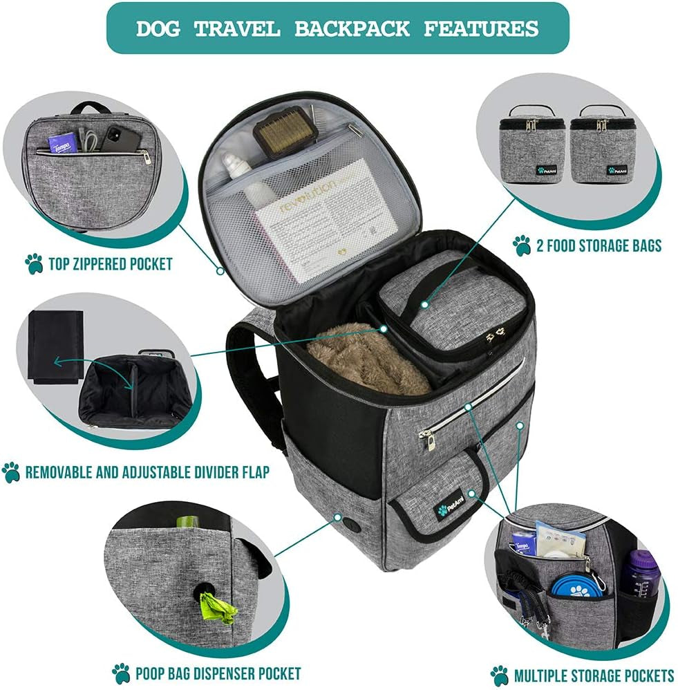 Dog Travel Bag Backpack, Airline Approved Dog Bags for Traveling, Puppy Diaper Bag Supplies, Pet Camping Essentials Hiking Accessories Dog Mom Gift, Food Container, Collapsible Bowls, Gray