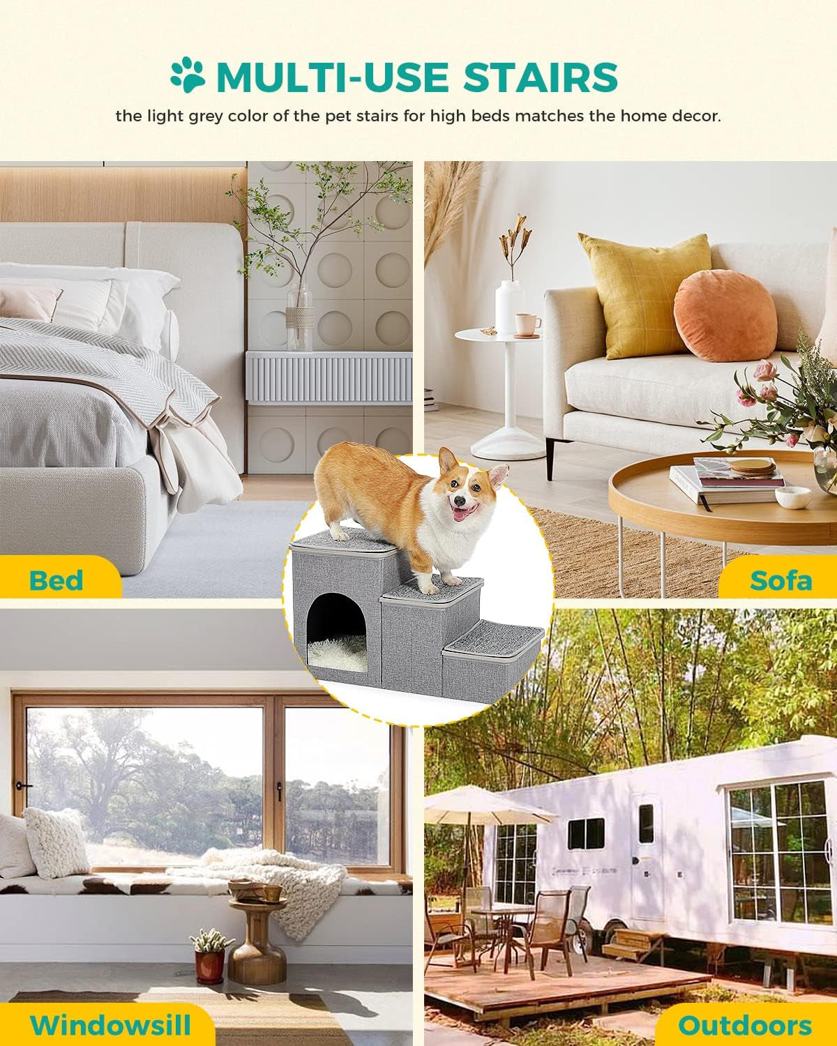 Cat Dog Stairs for Bed, Pet Steps for Small Dogs and Cats, Portable Heavy-Loaded [Up to 120 Lbs] Dog Steps with Storage Box 3-Step to Couch, Doggie Car Ramp for Older Dogs