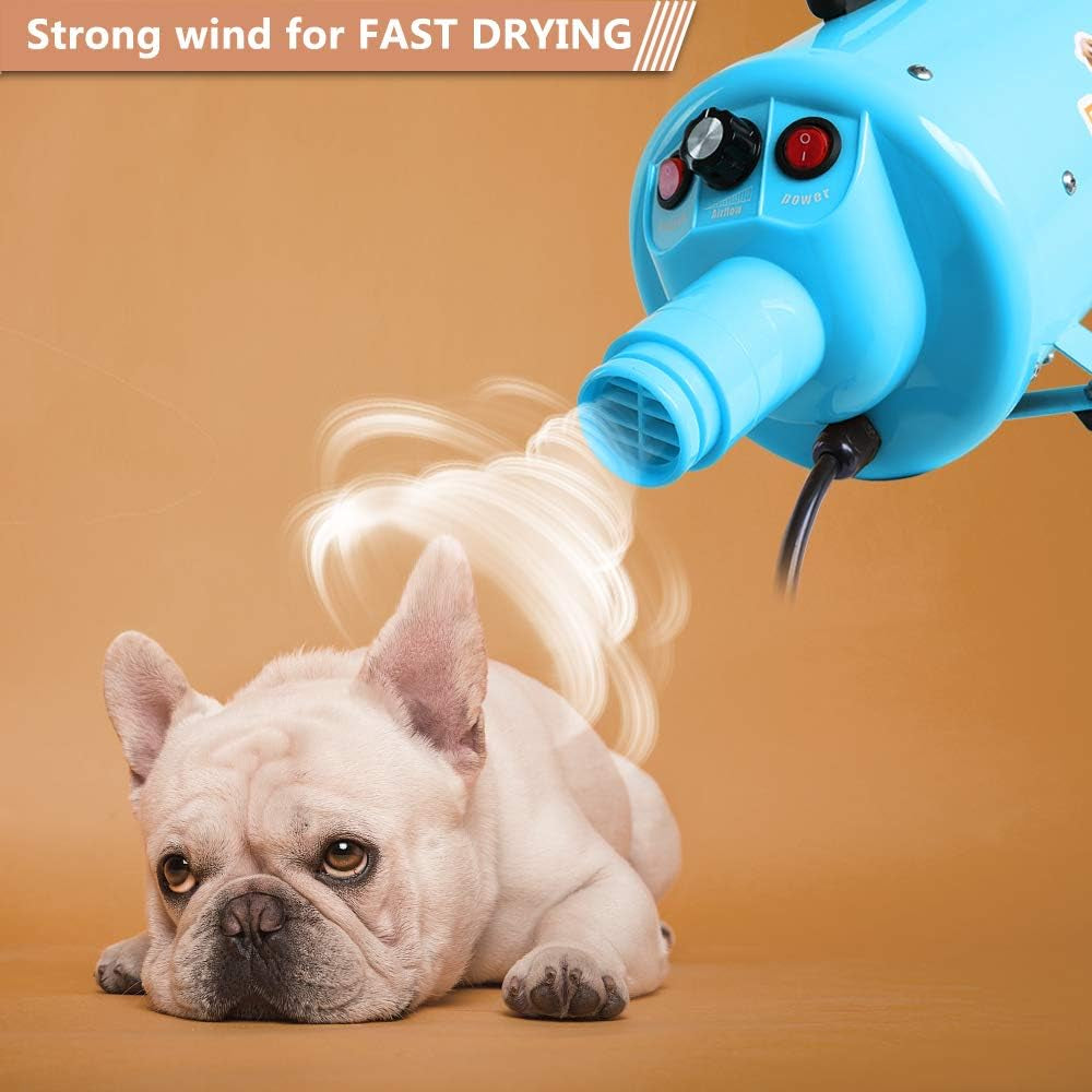 2400W 3.2HP Stepless Adjustable Speed Pet Dryer Dog Hair Dryer Pet Grooming Blower with Heater Quick - 4 Different Nozzles (Single Motor)(Blue)
