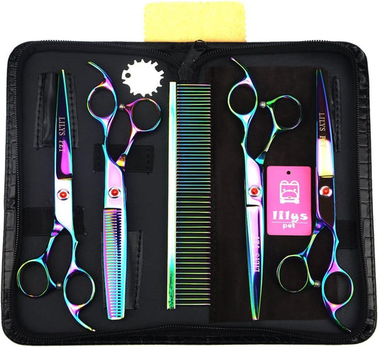 Professional PET DOG Grooming Coated Titanium Scissors Suit Cutting&Curved&Thinning Shears (8.0 Inches, Rainbow)…
