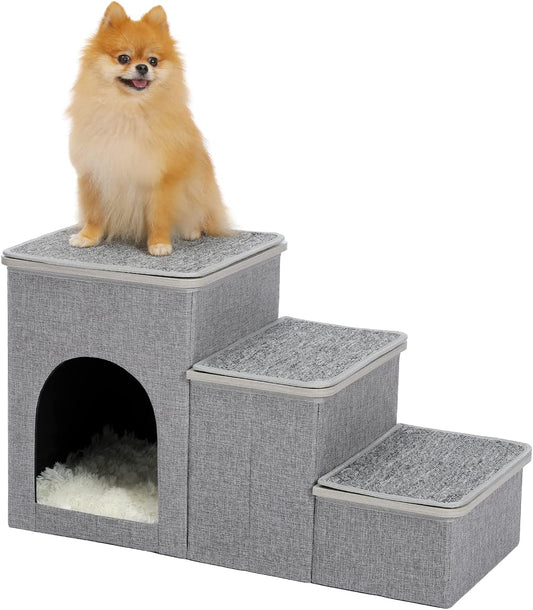 Cat Dog Stairs for Bed, Pet Steps for Small Dogs and Cats, Portable Heavy-Loaded [Up to 120 Lbs] Dog Steps with Storage Box 3-Step to Couch, Doggie Car Ramp for Older Dogs