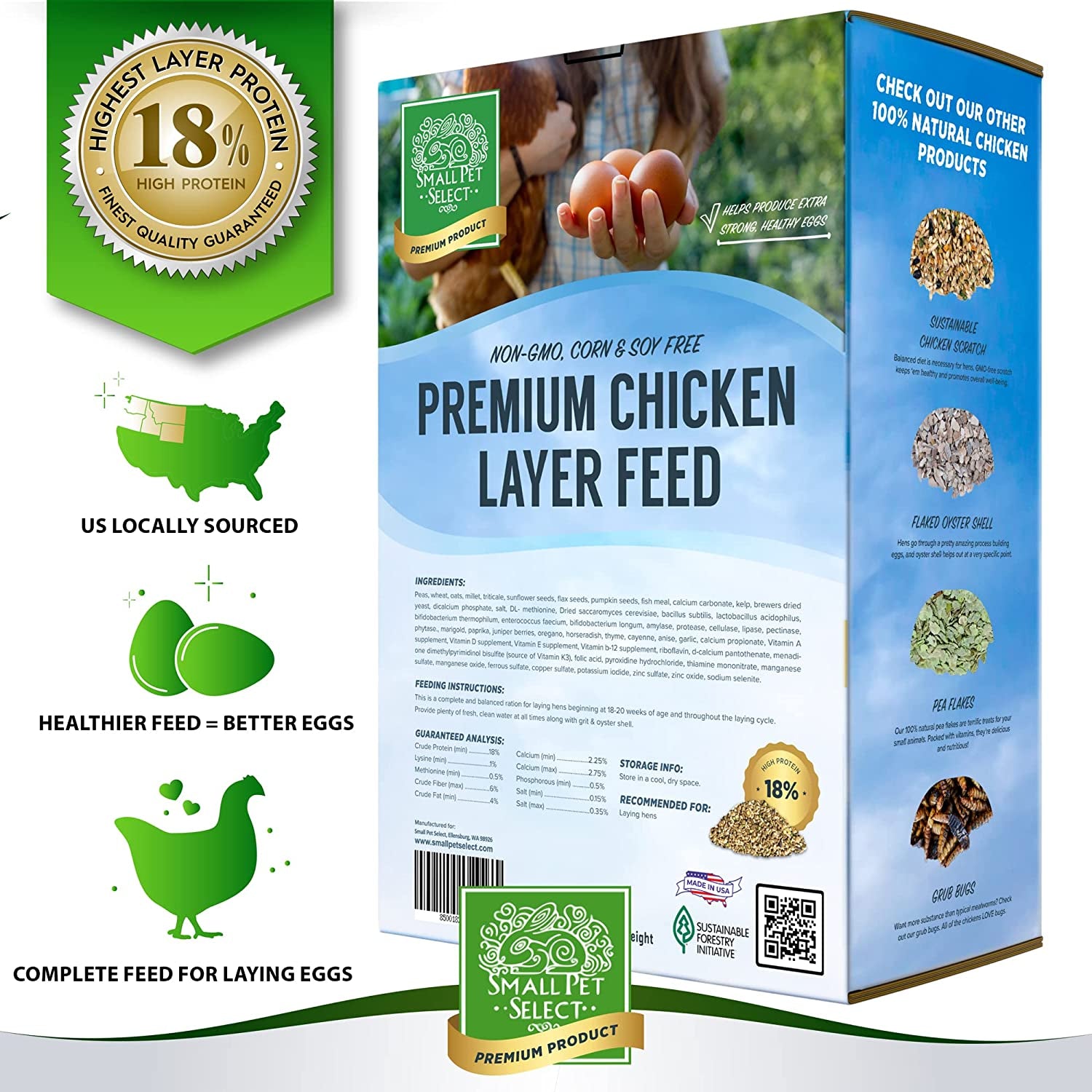 Chicken Layer Feed Pellets | 18% Protein Level | Corn-Free, Soy-Free, Non-Gmo | All Natural US Locally Sourced Ingredients | 50Lb