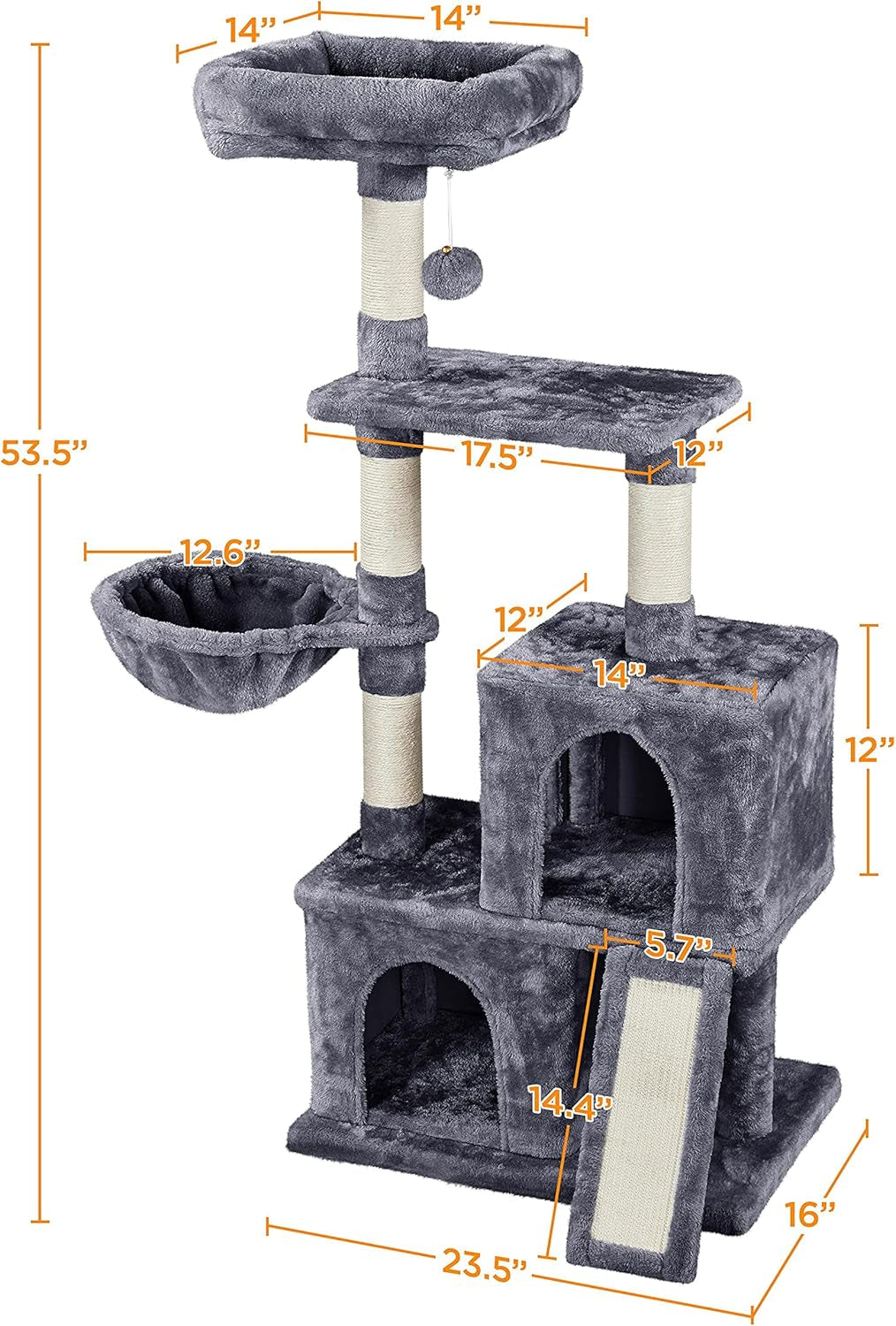53.5Inches Cat Tree Large Cat Tower W/Premium Scratching Posts, Condos and Hanging Balls, Sturdy Pet Play House for Indoor Cats, Dark Gray