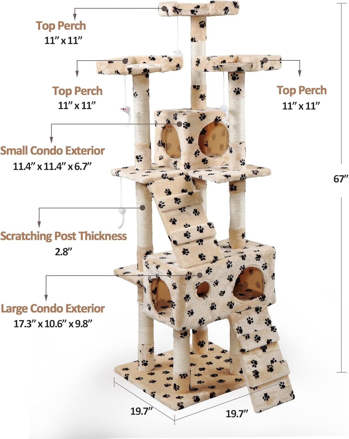 67” Tall Cat Trees and Towers with Scratching Posts Condos Hammock Resting Perch, Indoor Pet Activity Furniture Play House for Large Cats Kitty Kitten