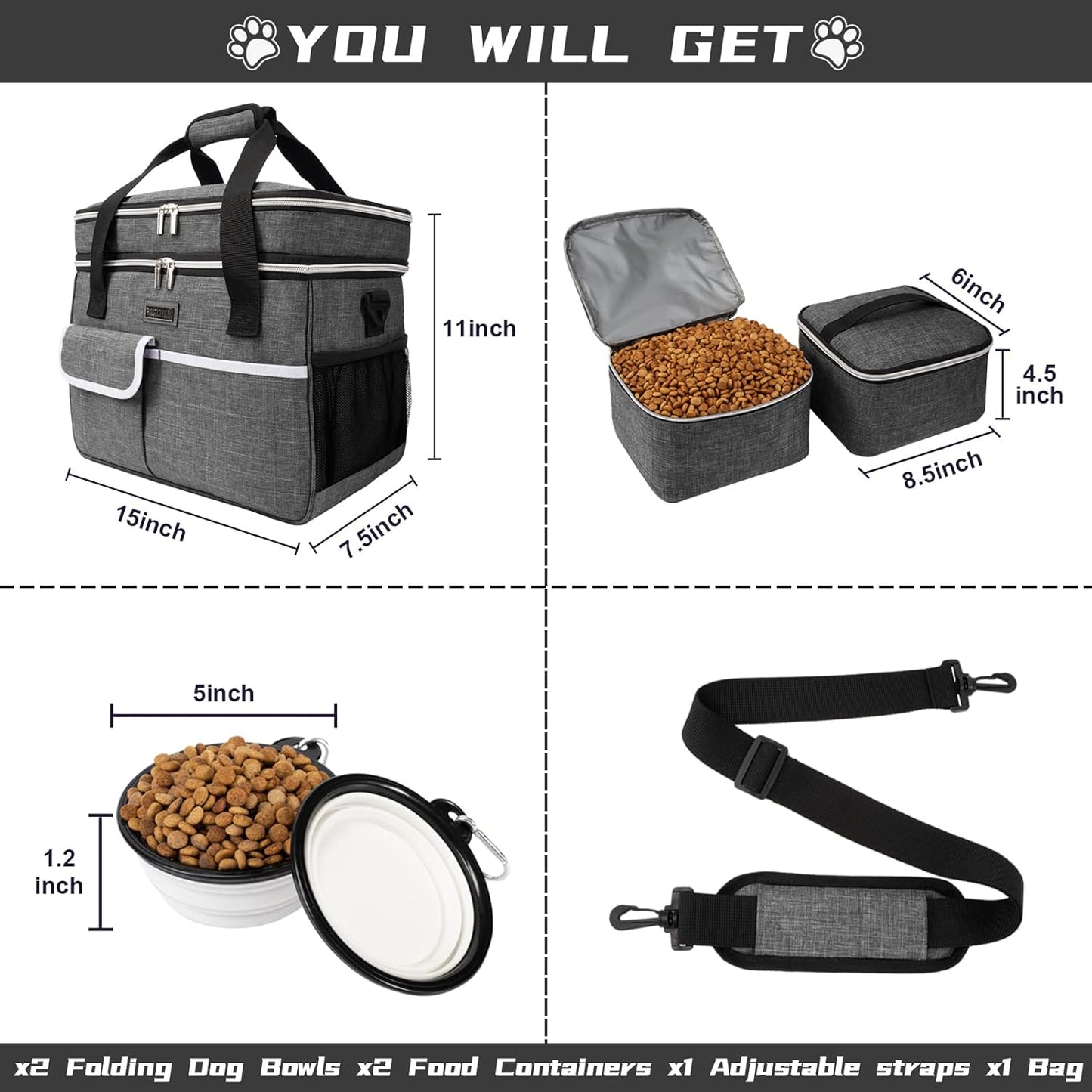 Dog Travel Bag for Supplies - Double-Layer Airline Approved Weekend Pet Travel Organizer Set for Dog and Cat Tote with 2 Pet Food Containers and 2 Collapsible Silicone Bowls Grey