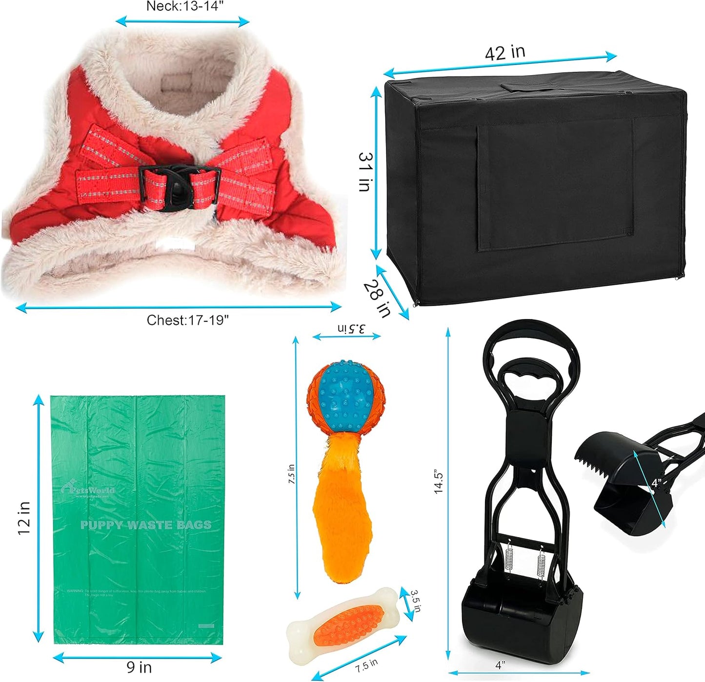 Pet Starter Kit, Warm Red Harness for Medium Dogs, Dog Crate Cover 42-Inch, Dog Ball Toy, Bacon Toy, Pooper Scooper + Dog Waste Bags 1000 Ct, Kit for Medium and Large Dogs