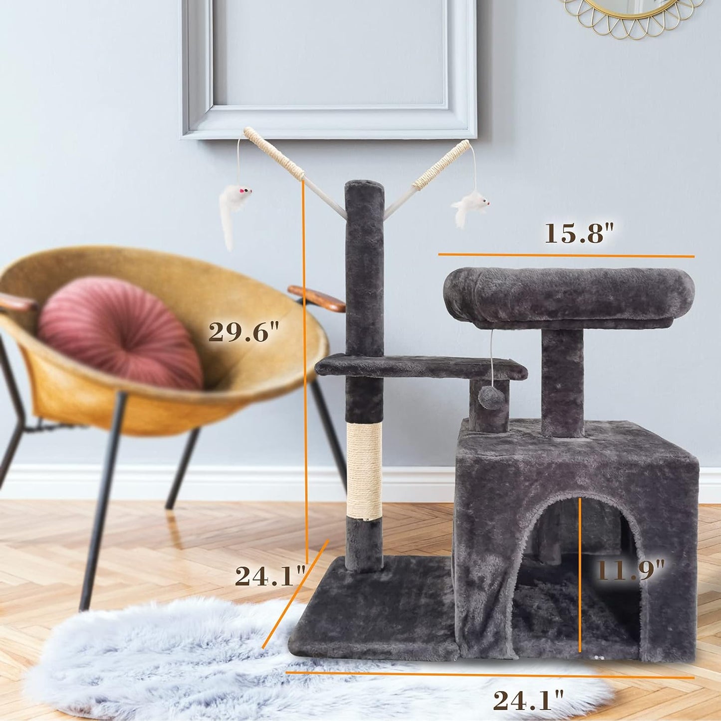 Cat Tree with Scratching Post, Cat Condo Cave, Multifunction Cat Tower, Top Perch, Kitten Plush Toys, Cat Activity Center,Grey