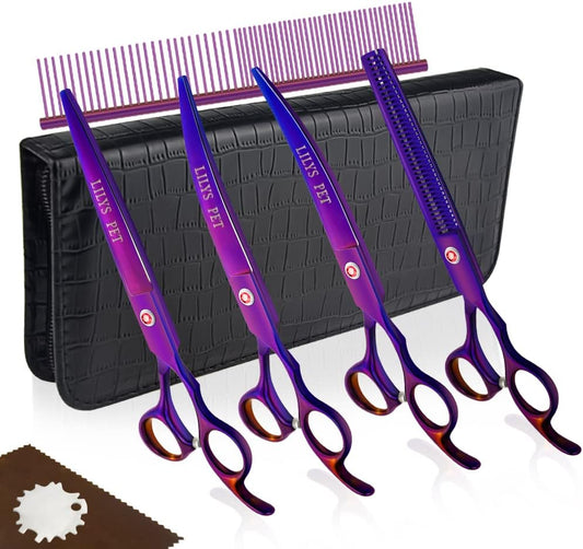Professional PET DOG Grooming Coated Titanium Scissors Suit Cutting&Curved&Thinning Shears (8.0 Inches, Purple)…