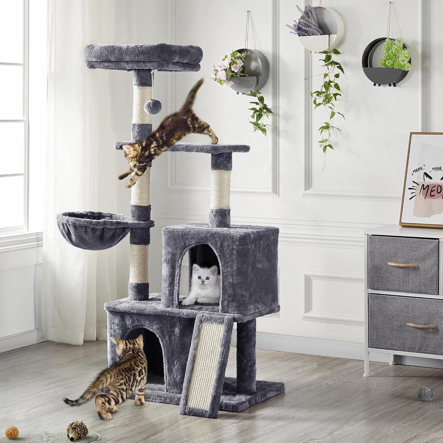 53.5Inches Cat Tree Large Cat Tower W/Premium Scratching Posts, Condos and Hanging Balls, Sturdy Pet Play House for Indoor Cats, Dark Gray