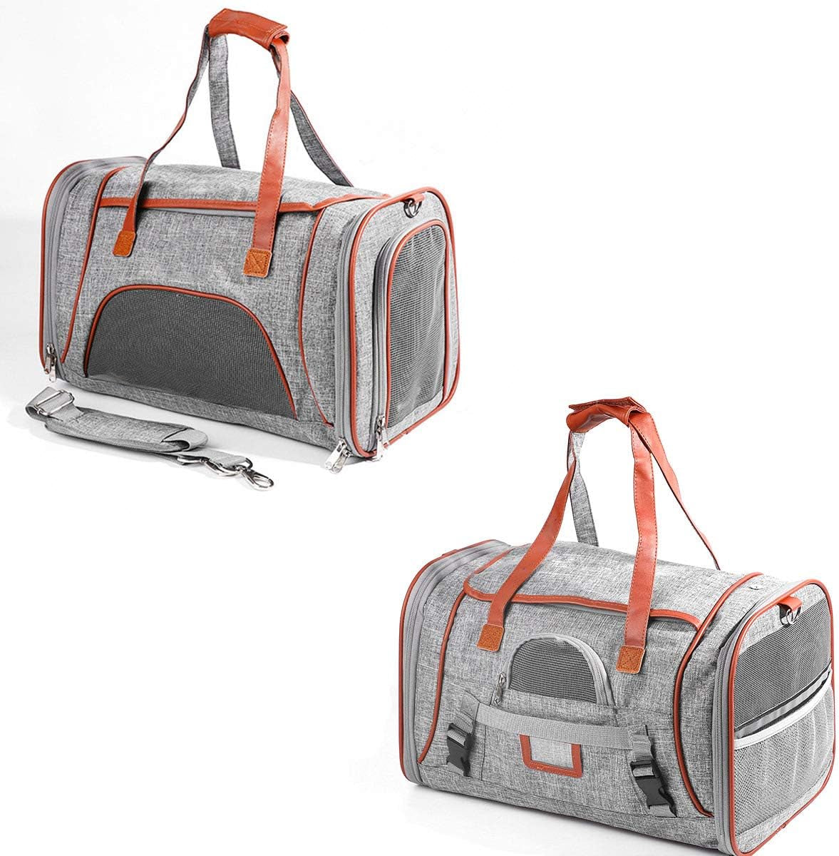 Pet Carrier Bag Portable Cat Dog Travel Carrier Bag, Collapsible Comfortable Breathable Dog Carrier Handbag, Pet Cage with Locking Safety Zippers for Outgoing Travel Hiking (Light Grey)