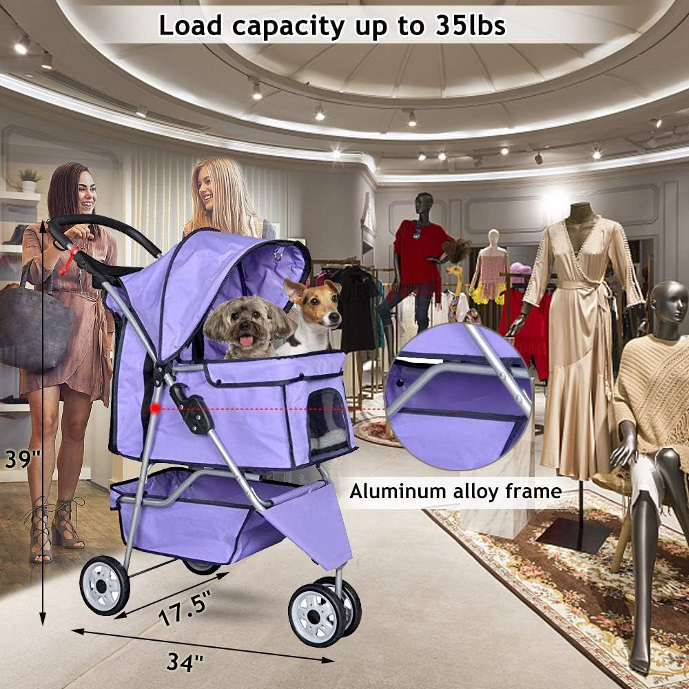 Pet Stroller Jogger Cat Dog Cage 3 Wheels Stroller Travel Folding Carrier Strolling Cart with Cup Holders and Removable Liner 35Lbs Capacity Large Doggie Stroller for Small-Medium Dogs, Cats - Purple