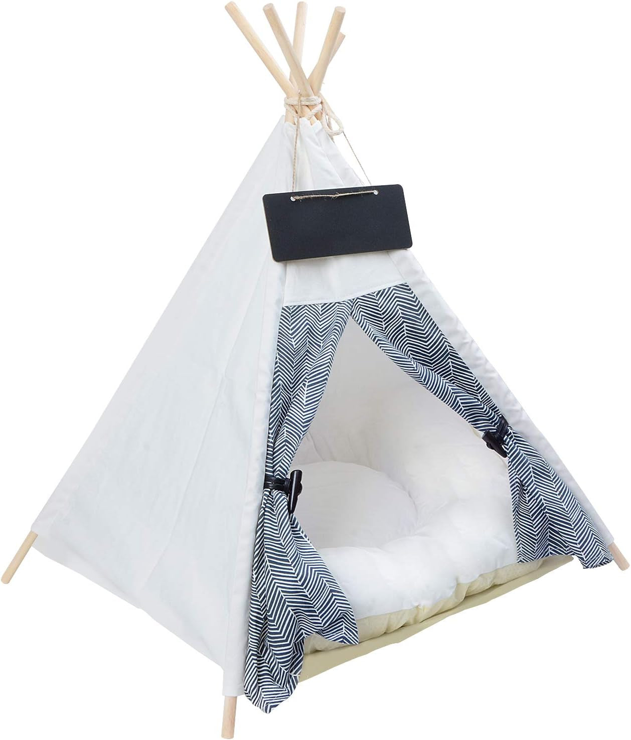 Pet Teepee Tents, Dog & Cat Bed Portable Dog Tents & Pet Houses for Small Dog or Cat with Thick Cushion & Blackboard, White & Stripes