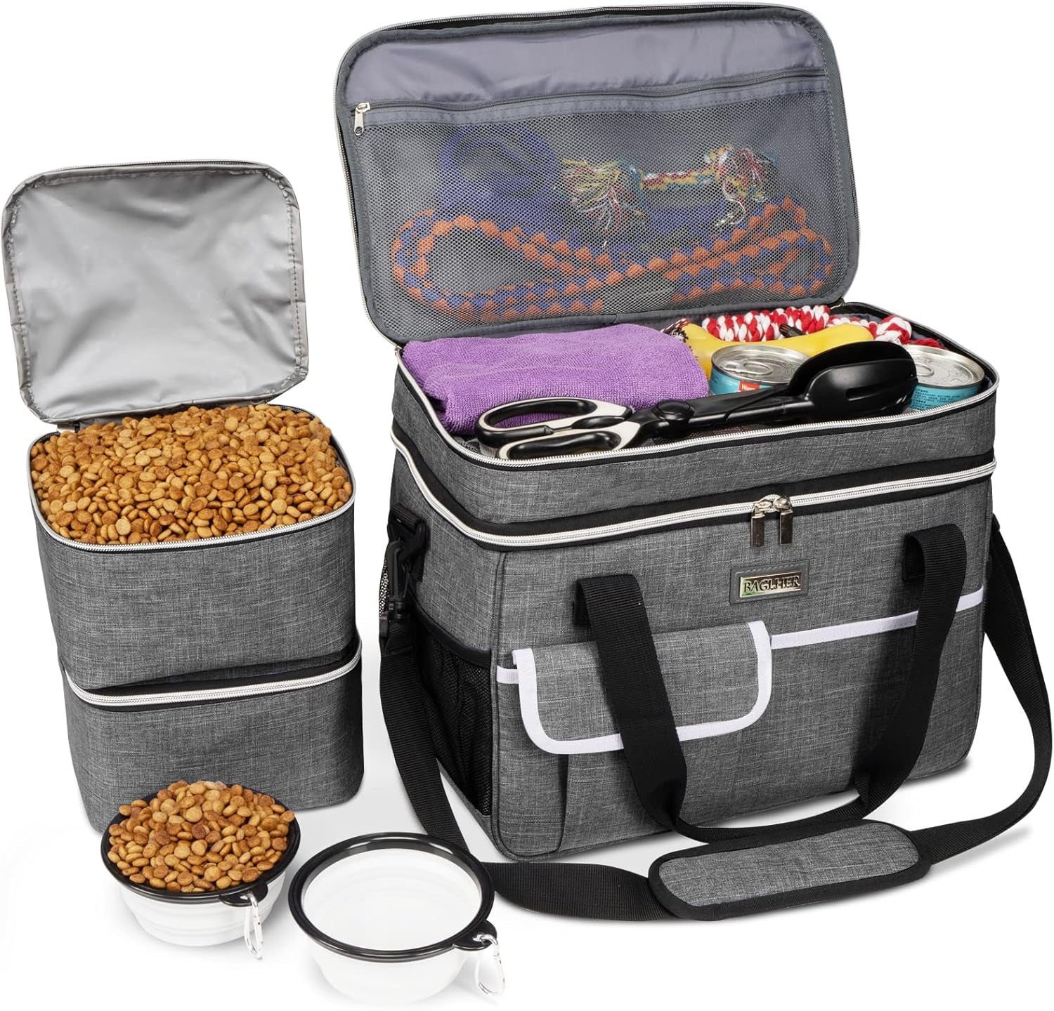 Dog Travel Bag for Supplies - Double-Layer Airline Approved Weekend Pet Travel Organizer Set for Dog and Cat Tote with 2 Pet Food Containers and 2 Collapsible Silicone Bowls Grey