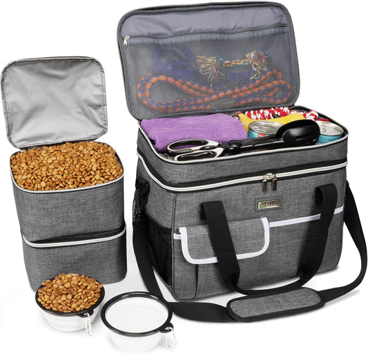 Dog Travel Bag for Supplies - Double-Layer Airline Approved Weekend Pet Travel Organizer Set for Dog and Cat Tote with 2 Pet Food Containers and 2 Collapsible Silicone Bowls Grey