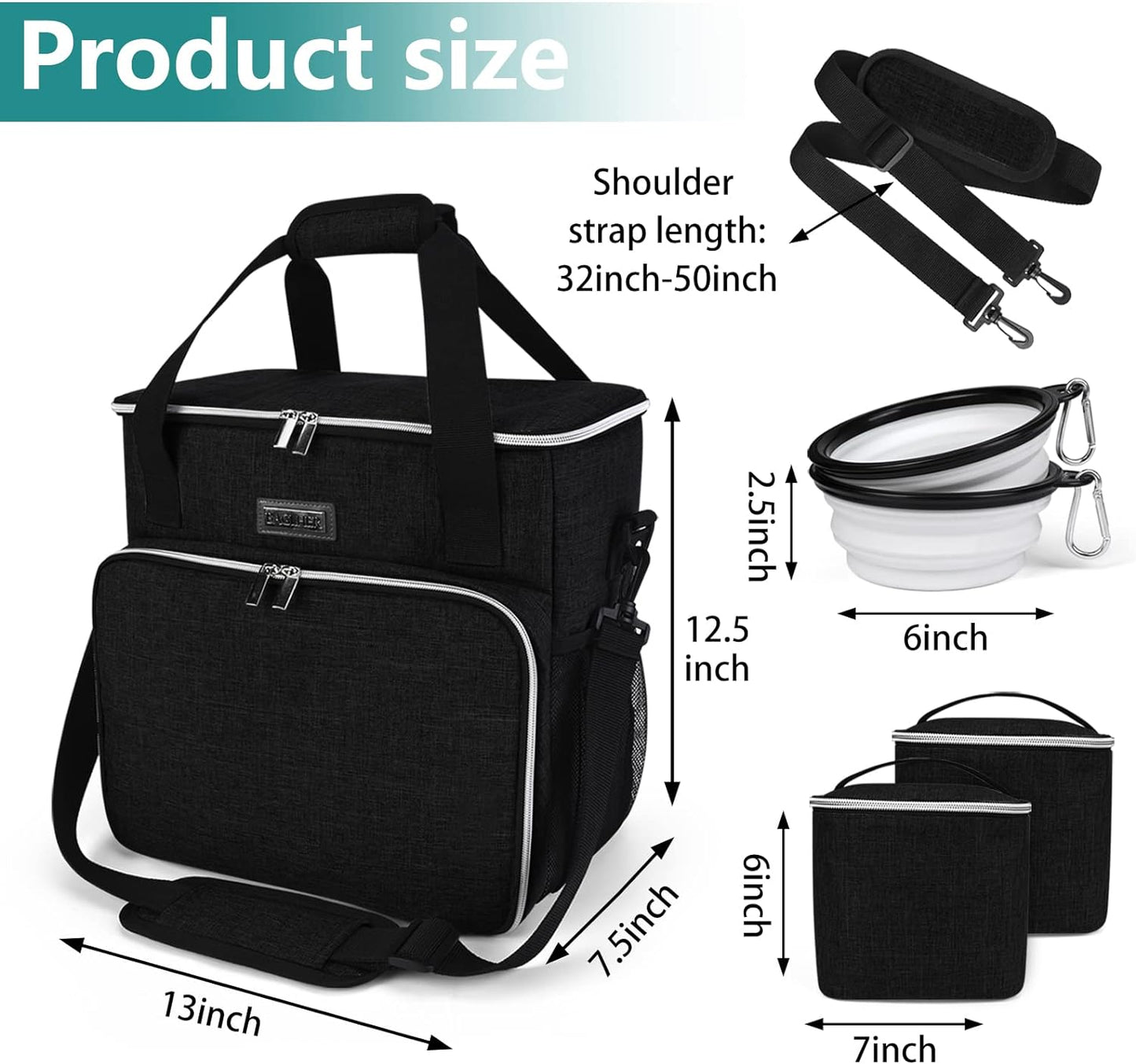 Dog Travel Bag, Pet Travel Bag (All Pet Travel Supplies), with 2 Pet Food Containers and 2 Collapsible Silicone Bowls; Essential Kits for Pet Travel Black