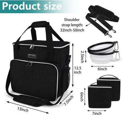 Dog Travel Bag, Pet Travel Bag (All Pet Travel Supplies), with 2 Pet Food Containers and 2 Collapsible Silicone Bowls; Essential Kits for Pet Travel Black
