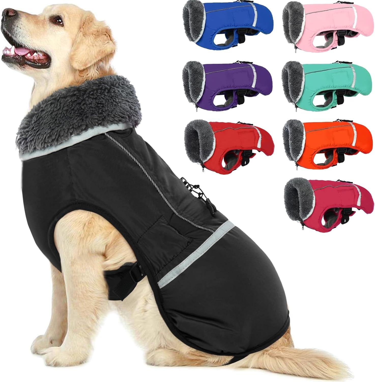 Warm Dog Coat Reflective Dog Jacket, Waterproof Dog Winter Coat Turtleneck Dog Clothes for Cold Weather, Thick Fleece Dog Snowsuit Christmas Dog Vest Pet Apparel for Small Medium Large Dogs L