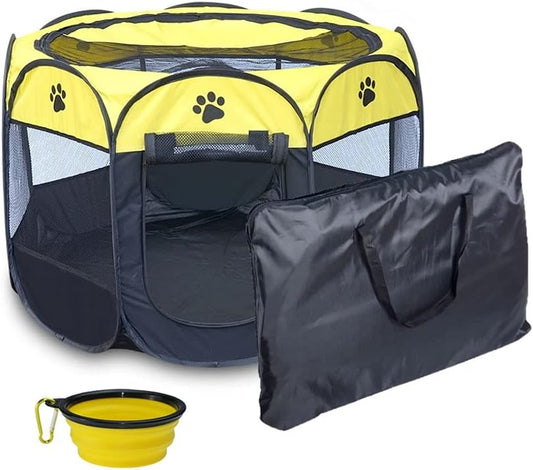 Pet Playpen, Foldable Dog Playpen, Portable Dog Pen, Octagon Puppy Playpen Indoor, Exercise Kennel Dog Tent for Dogs/Cats/Rabbits + Free Carrying Case + Free Travel Bowl (Yellow+Black, L)