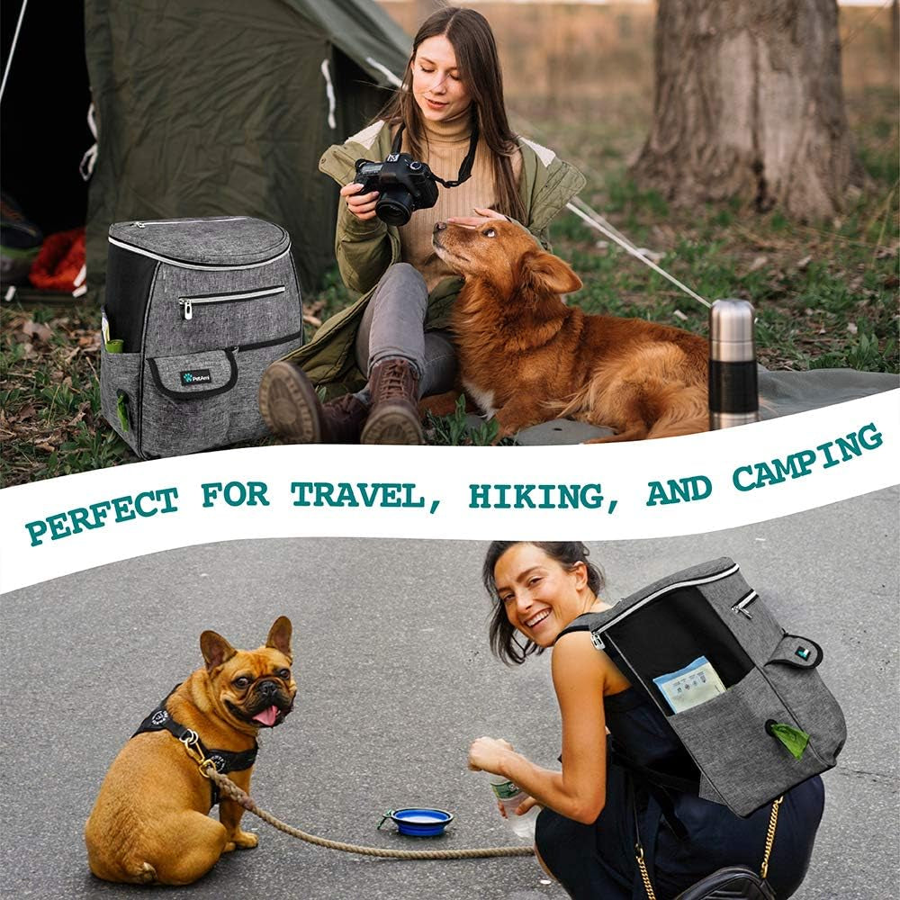 Dog Travel Bag Backpack, Airline Approved Dog Bags for Traveling, Puppy Diaper Bag Supplies, Pet Camping Essentials Hiking Accessories Dog Mom Gift, Food Container, Collapsible Bowls, Gray