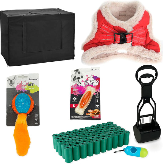Pet Starter Kit, Warm Red Harness for Medium Dogs, Dog Crate Cover 42-Inch, Dog Ball Toy, Bacon Toy, Pooper Scooper + Dog Waste Bags 1000 Ct, Kit for Medium and Large Dogs