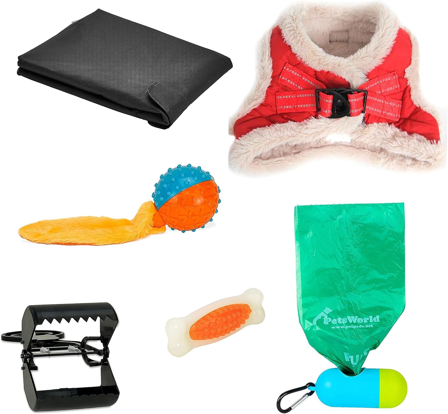 Pet Starter Kit, Warm Red Harness for Medium Dogs, Dog Crate Cover 42-Inch, Dog Ball Toy, Bacon Toy, Pooper Scooper + Dog Waste Bags 1000 Ct, Kit for Medium and Large Dogs