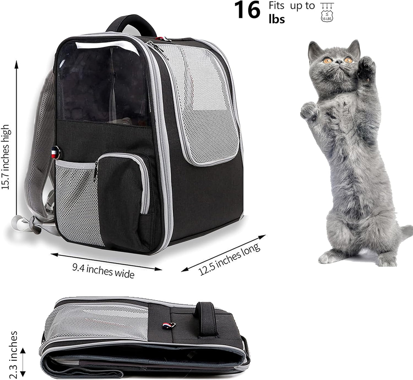 Pet Carrier Backpack Expandable Collapsible Dog Backpack Carrier for Small Dogs Cats, Breathable Pet Backpack Bag for Travel (11Black)