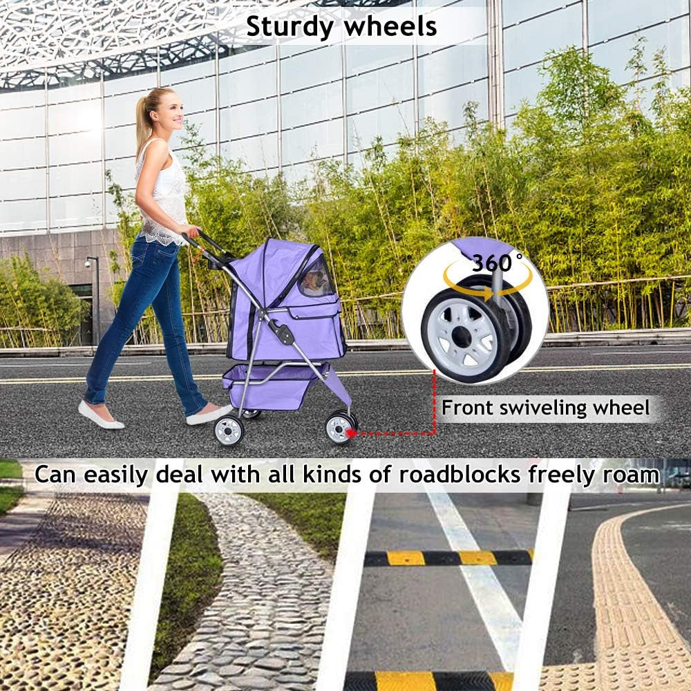 Pet Stroller Jogger Cat Dog Cage 3 Wheels Stroller Travel Folding Carrier Strolling Cart with Cup Holders and Removable Liner 35Lbs Capacity Large Doggie Stroller for Small-Medium Dogs, Cats - Purple