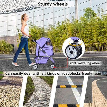 Pet Stroller Jogger Cat Dog Cage 3 Wheels Stroller Travel Folding Carrier Strolling Cart with Cup Holders and Removable Liner 35Lbs Capacity Large Doggie Stroller for Small-Medium Dogs, Cats - Purple