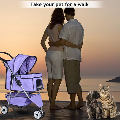 Pet Stroller Jogger Cat Dog Cage 3 Wheels Stroller Travel Folding Carrier Strolling Cart with Cup Holders and Removable Liner 35Lbs Capacity Large Doggie Stroller for Small-Medium Dogs, Cats - Purple
