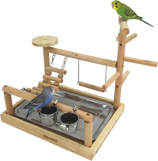 Parrot Cage Toys, Bird Playground Play Stand Perches for Parakeets Cockatiel Budgie, Bird Playgym with Feeder Cups Exercise Toys